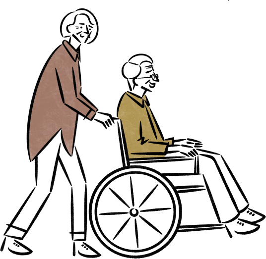 イラスト：車椅子で散歩する男女